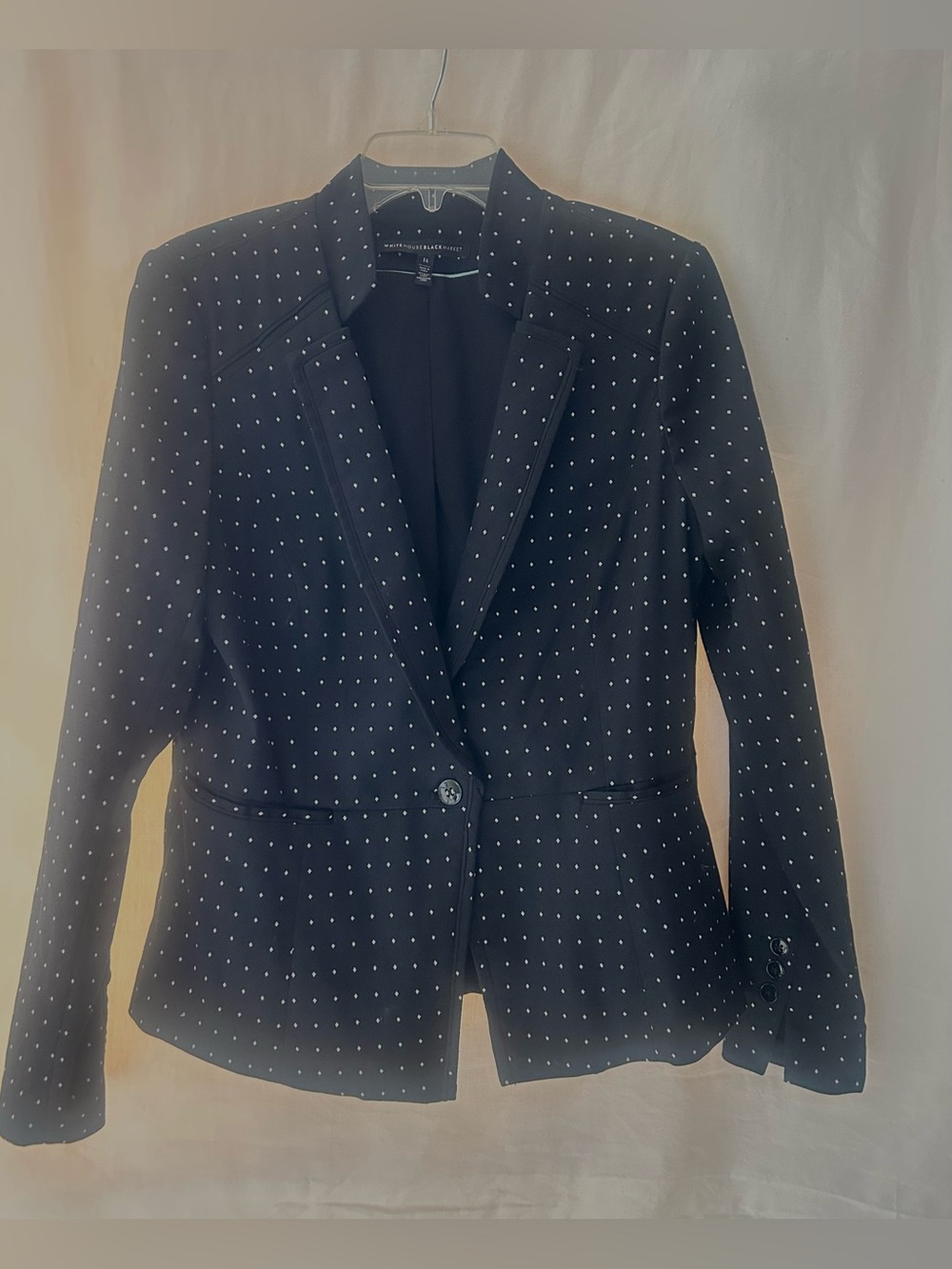 WHBM Black One Button Blazer with White Micro-Dot Pattern